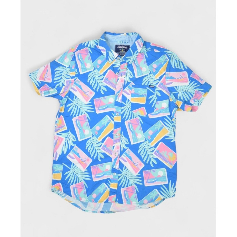 Chubbies Shirt Mens M Blue Hawaiian Beach Cotton Stretch Button Down Post Card